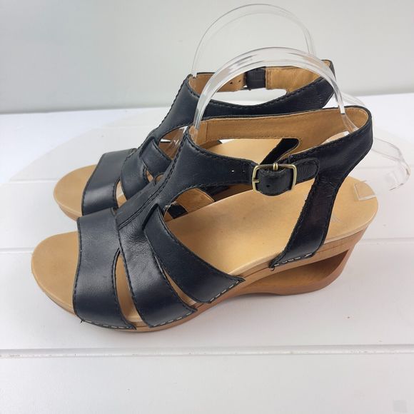 Dansko Black Leather Wedge Sandals - Picture 3 of 7